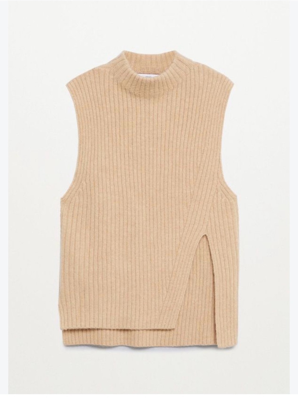 Sleeveless Ribbed Mock Neck Sweater Vest in Beige. Mango.
